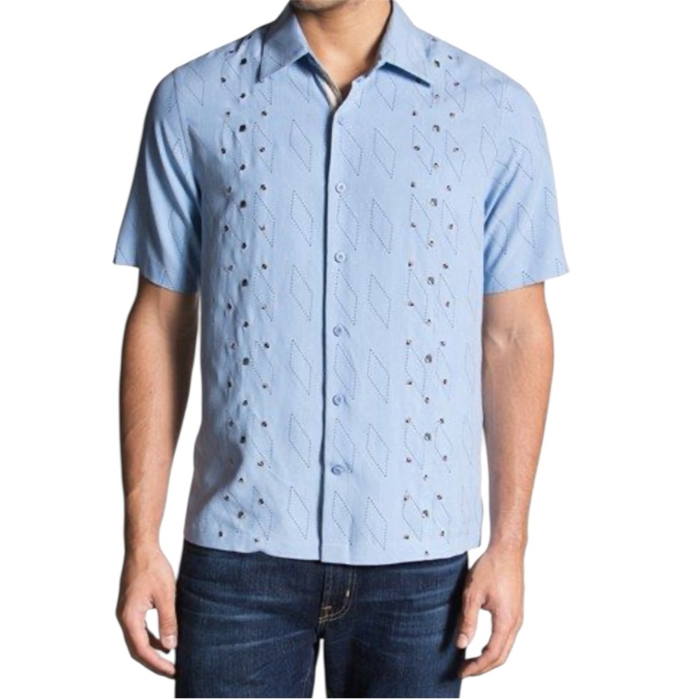 Nat Nast Light Blue Diamond Pattern Silk Short Sleeve Shirt Men’s Large